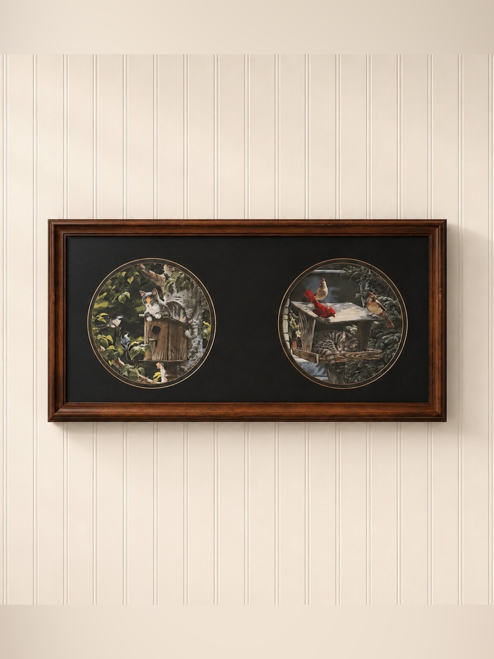 Vintage Shadowbox Wall Hangings with Two Cat Deco Plates
